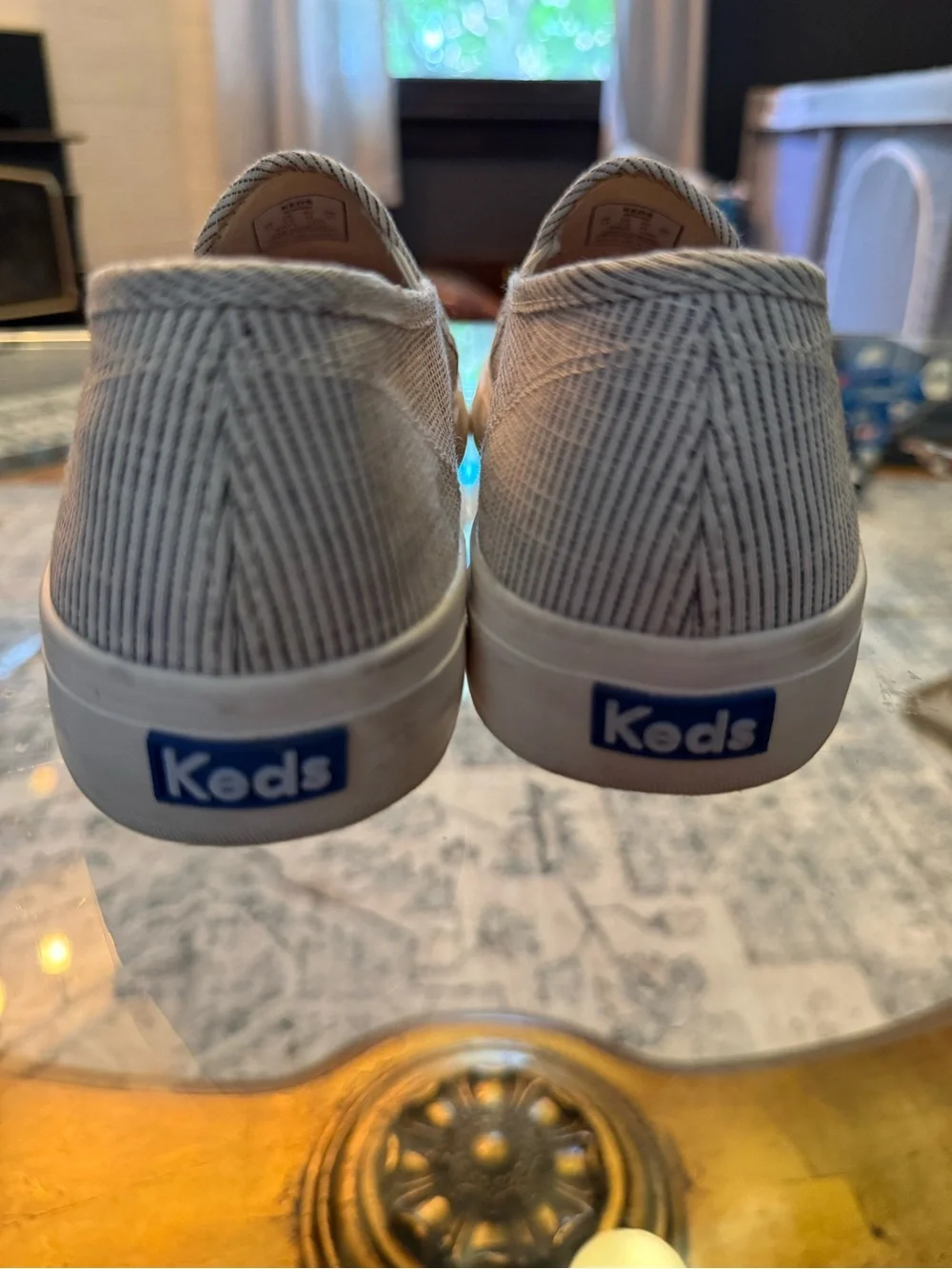 Keds Women's Double Decker Beige & White Striped Canvas Slip-On Sneakers 10